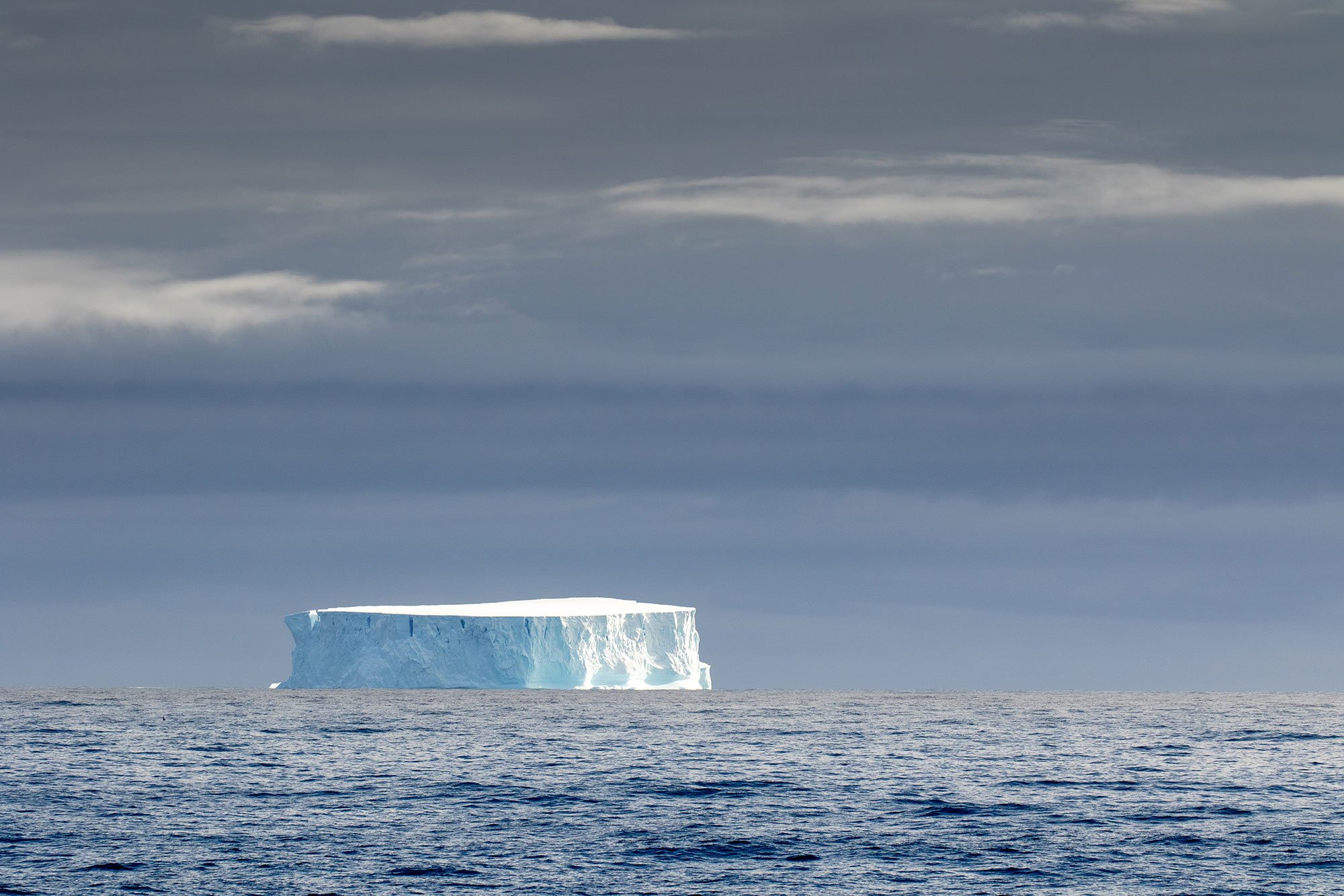 A tabular iceberg stands out in the Drake Passage.