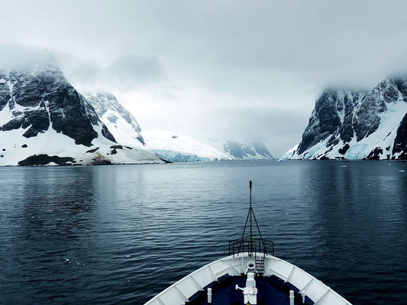 The view from the bridge: entering the Lemaire Channel on polar expedition in Antarctica.