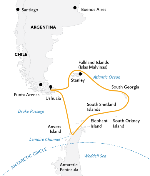 tourhub | Quark Expeditions | Falklands, South Georgia, and Antarctica: Explorers and Kings | Tour Map